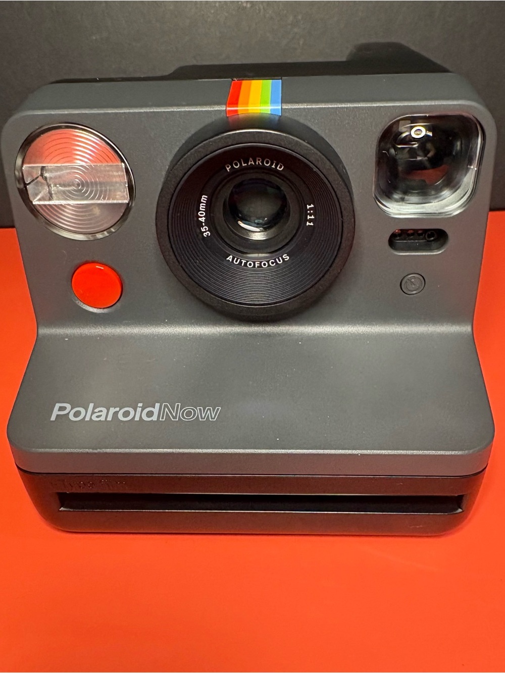 Polaroid Now Instant Camera in Charcoal with Red Button and Rainbow Stripe